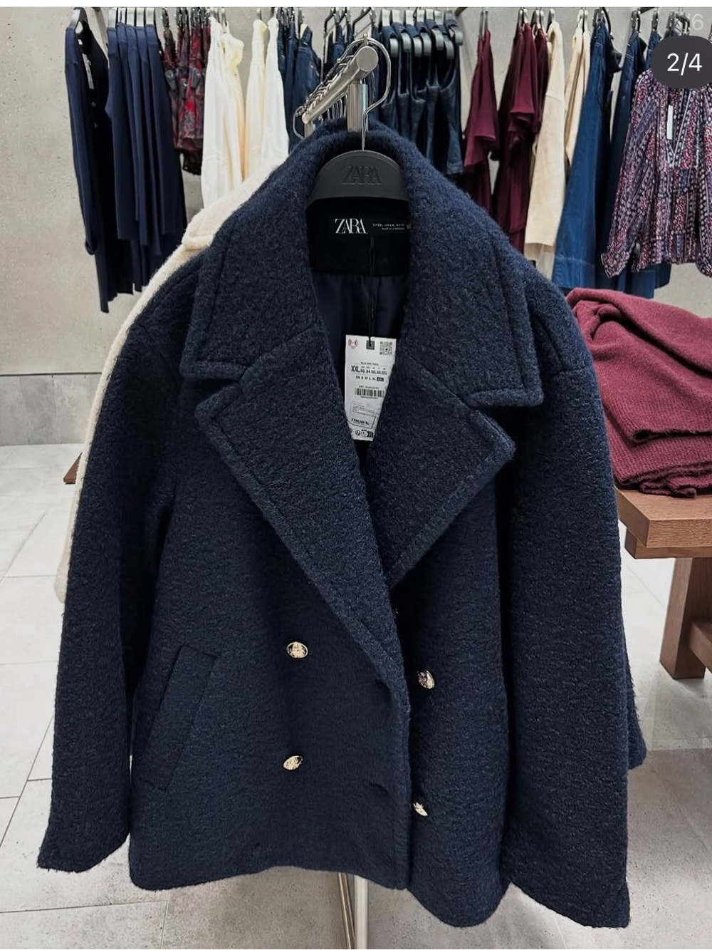 ZARA Navy Blue Bouclé Double Breasted Coat Gold Buttons XS - Never worn!